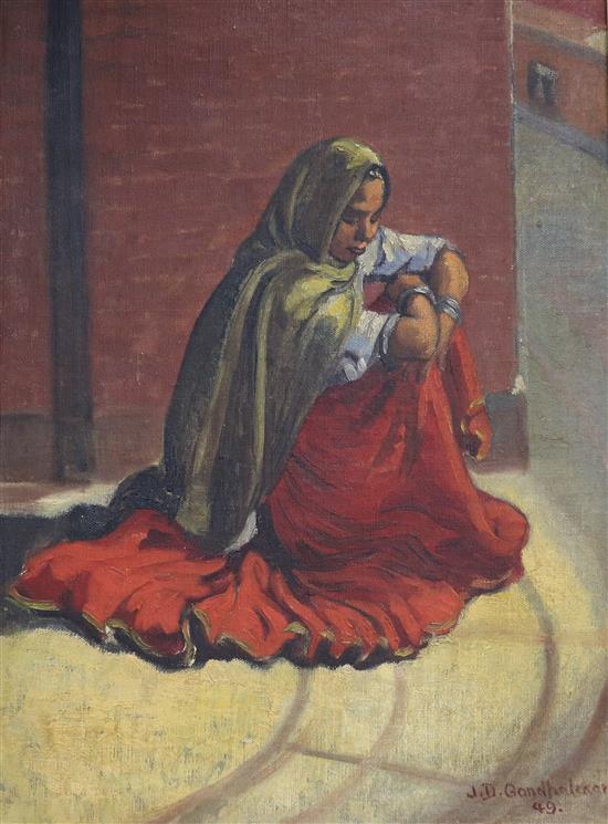 Janardhan Dattareya Gondhalekar, oil on canvas board, study of a seated Indian woman, signed and dated 49 40 x 29cm